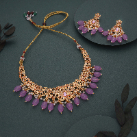 Premium Gold toned Reverse AD & Lavender Beaded Jewellery Set