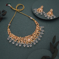 Gold Toned Traditional Studded Choker Set With Pearl Hangings.