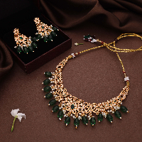 Royal Gold Tone Green Pearl White AD Traditional Temple Jewellery Set