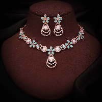 Rose Gold Plated AD Diamond New Designer Festival Fashion Necklace Set with Matching Earrings