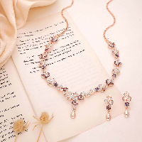 Rose Gold Plated Lavender AD Unique Party Wear Necklace Set with Earrings