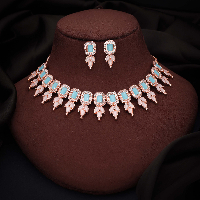 Rose Gold Plated AD Diamond and Sky-blue  Stone Necklace Set