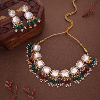 Luxury Gold-Plated Maroon & Green Enamel And Kundan Stone Beaded Handcrafted Jewellery Set