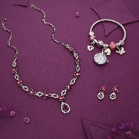 Eternal Elegance Silver-Plated Necklace Set Adorned with AD Diamonds, Earrings, and Charm Bracelet Watch