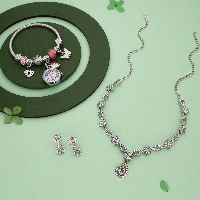 Majestic Sparkle Silver-Plated AD Diamond Necklace Set with Matching Earrings and Exquisite Charm Bracelet Watch