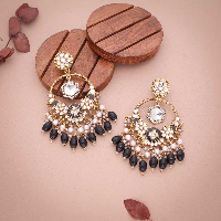 Gold Plated Black Stone & Kundan Studded Long Chandbali Earrings with Pearl Accents