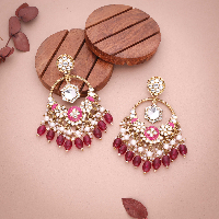 Gold-Plated Kundan Enamel Chandbali Earrings with WHITE & RANIPINK