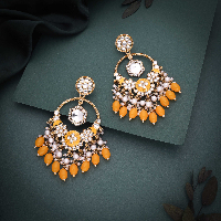 Gold Plated Traditional  Yellow Pearls Kundan Beads Drop Earring