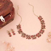 Red Stone Necklace Set - Antique Gold Finish for Women | Vintage Charm