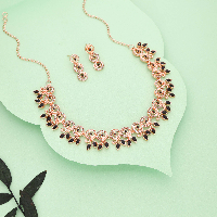 Rose Gold-Plated Black and White Stone Necklace Set with Matching Earrings for Women and Girls