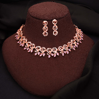 Adorning Elegance: Rose Gold-Plated Necklace Set with Pink and White Stones and Matching Earrings