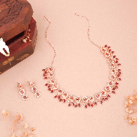 Timeless Beauty: Rose Gold-Plated Necklace Set with Maroon and White Motif and Matching Earrings