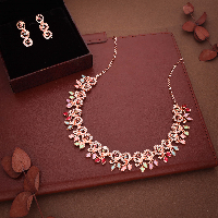 Radiant Charm: Rose Gold-Plated Necklace Set with Multicolor Stone Design and Matching Earrings