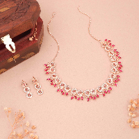 Sophisticated Glamour: Rose Gold-Plated Floral Necklace Set with Matching Earrings