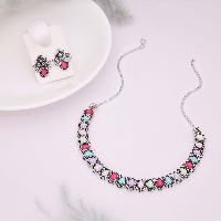 Statement Piece: Multicolor Stone Oxidized Silver Necklace Set for Women & Girls