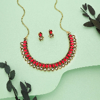 mendigold Plated pink Artificial Stone with attach AD Floral Design Necklace Set mendigold Plated pink Artificial Stone with attach AD Floral Design Necklace Set