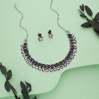silver Plated Black Artificial Stone with attach AD Floral Design Necklace Set silver Plated Black Artificial Stone with attach AD Floral Design Necklace Set
