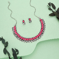 silver Plated pink Artificial Stone with attach AD Floral Design Necklace Set silver Plated pink Artificial Stone with attach AD Floral Design Necklace Set