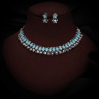 silver Plated sky-blue Artificial Stone with attach AD Floral Design Necklace Set silver Plated sky-blue Artificial Stone with attach AD Floral Design Necklace Set