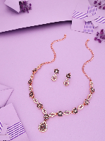 Chic rose gold necklace and earring set adorned with white AD gems