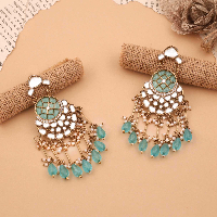 Classic Kundan Chandbali Earrings in Gold with Skyblue and White Accents - Traditional Indian Jewelry