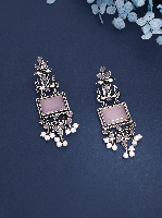 Antique Oxidized Silver Earrings with Pastel Pink Stone & Pearls