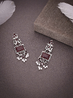 Elegant Oxidized Silver Red Stone Dangler Earrings with Pearl Drops