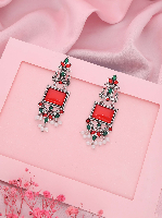 Oxidized Silver Red & Green Stone Dangler Earrings with Pearl Drops