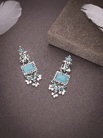 Elegant Oxidized Silver Earrings with Blue Stones & Pearl Drops – Timeless Beauty