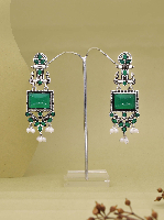 Vintage-Inspired Oxidized Silver Earrings with Green Gemstones and Delicate Pearl Danglers – Perfect for Ethnic & Festive Wear
