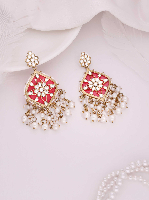 Elegant Red Floral Motif Dangler Earrings with Pearl Accents Elegant Red Floral Motif Dangler Earrings with Pearl Accents