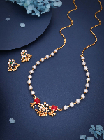 Exquisite Gold Plated Traditional Flower-Inspired Copper Jewellery Set with Red and Green Gemstones & Pearls Exquisite Gold Plated Traditional Flower-Inspired Copper Jewellery Set with Red and Green Gemstones & Pearls
