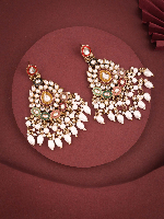 Designer Gold Plated Traditional Ethnic Chandbali Earrings with Multicolor Kundan Work and Hanging White Pearl Beads Designer Gold Plated Traditional Ethnic Chandbali Earrings with Multicolor Kundan Work and Hanging White Pearl Beads