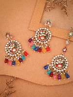 Multicolor Meenakari Kundan Chandbali Earrings with Pearl Accents, Teardrop Beads, and Maang Tikka Set in Antique Gold Finish Multicolor Meenakari Kundan Chandbali Earrings with Pearl Accents, Teardrop Beads, and Maang Tikka Set in Antique Gold Finish