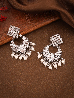 Oxidized Silver-Tone Mirror and White Kundan with Pearl Drop Chandbali Earrings Oxidized Silver-Tone Mirror and White Kundan with Pearl Drop Chandbali Earrings