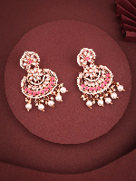 Intricate Rose Gold Plated Chandbali Earrings with Pink Enamel Accents, White Kundan-Style Stones, and Dangling Pearls Intricate Rose Gold Plated Chandbali Earrings with Pink Enamel Accents, White Kundan-Style Stones, and Dangling Pearls