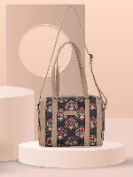 Black Floral Pot Print Handbag with Beige Faux Leather Straps – Parisval