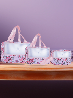 Pink Floral Print Travel Organizer Bag Set – 3 Pieces | Transparent Zipper Pouches for Toiletries & Cosmetics