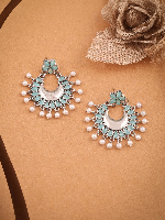 Antiqued Silver-Tone Chandbali Earrings with Aqua Green Stones & Pearl Drops Antiqued Silver-Tone Chandbali Earrings with Aqua Green Stones & Pearl Drops