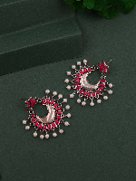 Antiqued Silver-Tone Chandbali Earrings with Hot Pink Stones & Pearl Drops Antiqued Silver-Tone Chandbali Earrings with Hot Pink Stones & Pearl Drops