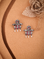 Antiqued Silver-Tone Floral Dangle Earrings with Hot Pink Stones & Pearl Drops Antiqued Silver-Tone Floral Dangle Earrings with Hot Pink Stones & Pearl Drops