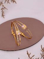 Gold-Toned Bangle Set with Pink Enamel Flower & Textured Designs Gold-Toned Bangle Set with Pink Enamel Flower & Textured Designs