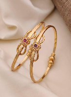 Elegant Gold-Plated Kada Bangles with Ruby Floral Motif Elegant Gold-Plated Kada Bangles with Ruby Floral Motif