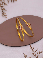 Stylish Gold-Plated Bangle Set with Ruby Floral Motif & Embossed Design Stylish Gold-Plated Bangle Set with Ruby Floral Motif & Embossed Design
