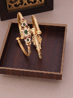Exquisite Gold-Plated Kada Bangles with Ruby, Emerald & Crystal Embellishments Exquisite Gold-Plated Kada Bangles with Ruby, Emerald & Crystal Embellishments