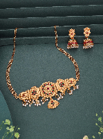 Antique Gold Finish Choker Necklace Set with Jhumkas Antique Gold Finish Choker Necklace Set with Jhumkas