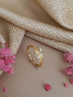 Elegant Dual-Leaf Matte Gold Plated Ring with American Diamond Accents - Adjustable Elegant Dual-Leaf Matte Gold Plated Ring with American Diamond Accents - Adjustable