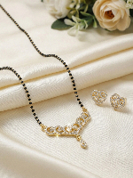 Designer Gold Plated CZ Floral Mangalsutra with Black Beads Chain