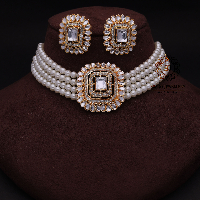 Classic White Kundan Pearl Choker Necklace Set with Square Stud Earrings – Royal 4-Layered Bridal Jewellery for Women Classic White Kundan Pearl Choker Necklace Set with Square Stud Earrings – Royal 4-Layered Bridal Jewellery for Women