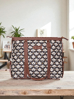 Damask Print Everyday Tote Bag with Classic Brown Vegan Leather Straps and Secure Zip Closure Damask Print Everyday Tote Bag with Classic Brown Vegan Leather Straps and Secure Zip Closure